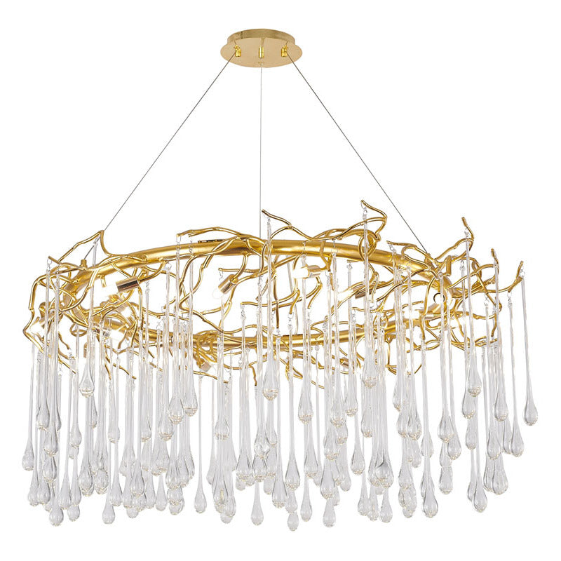 Gold Aluminium Chandelier With Clear Glass Hanging Drops