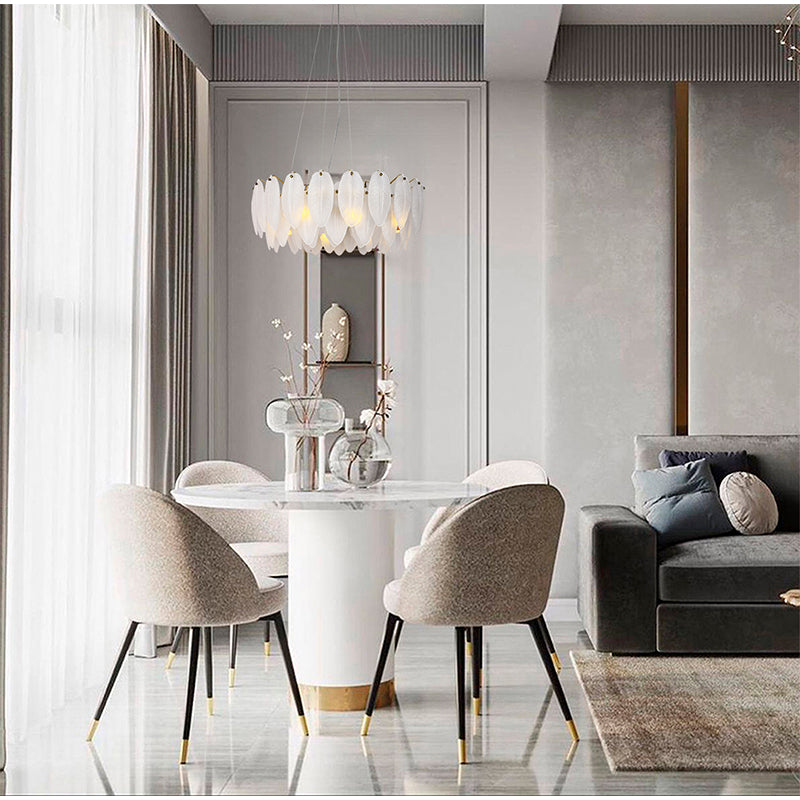Round Brass Chandelier With Hanging Frosted White Glass Leafs