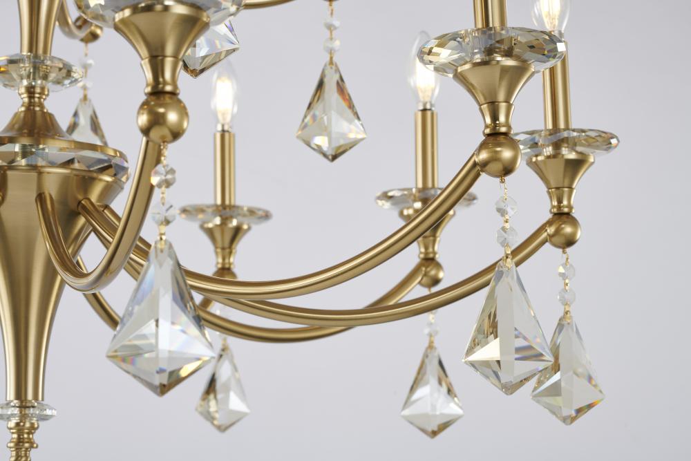 Two-Tier Satin Brass Frame with Champagne Hanging Crystals Accents