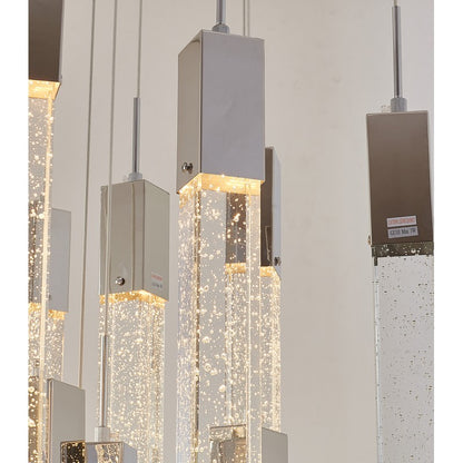 Chrome/Black Flushed Frame Chandelier with Hanging Clear Block Bubble Crystals