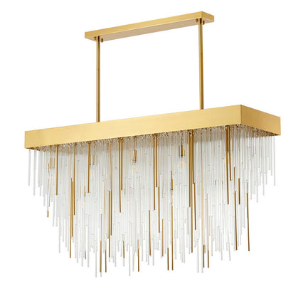 Satin Brass Rectangular Chandelier With Clear Hanging Looped Glass