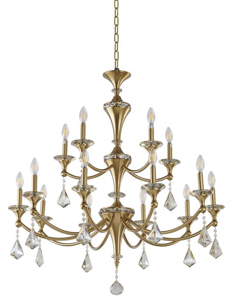 Two-Tier Satin Brass Frame with Champagne Hanging Crystals Accents