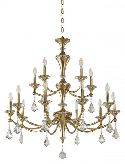 Two-Tier Satin Brass Frame with Champagne Hanging Crystals Accents