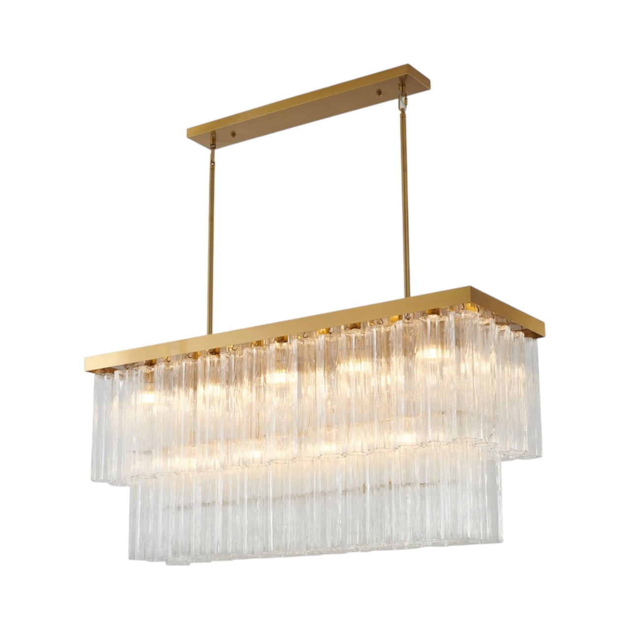 Satin Brass Rectangular Chandelier with Clear Ribbed Glass