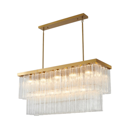 Satin Brass Rectangular Chandelier with Clear Ribbed Glass