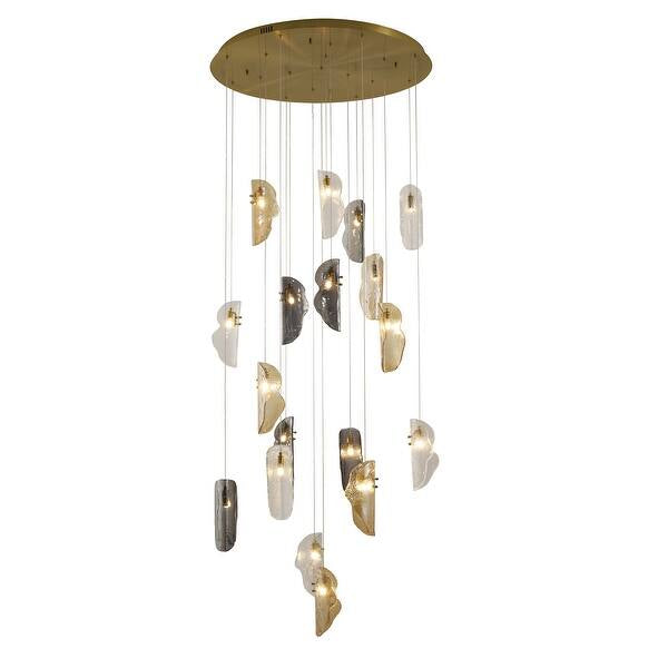 Brass Metal Frame Chandelier with Clear, Smoke, and Amber Glass Pendants