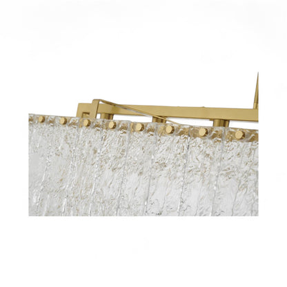 Rectangular Brass Frame Chandelier with Hanging Clear Rippled Glass