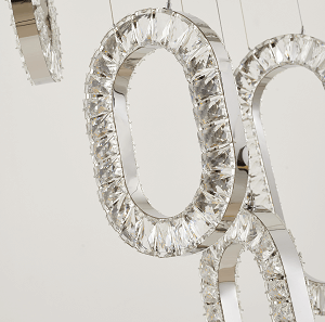 Chrome Flushed Frame LED Chandelier With Oval Clear Crystal Hanging Pendants