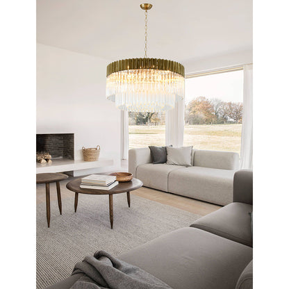 Round Brass Chandelier With Clear Hanging Crystals
