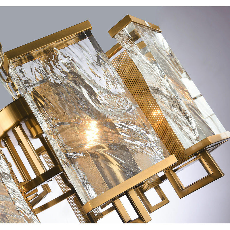 Brass Frame Chandelier WITH Clear Distorted Crystal Plaques
