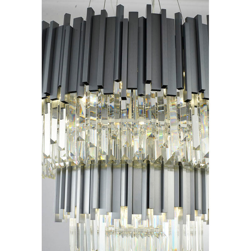 Two Tier Stainless Steel Hairlines Chandelier With Clear Hanging Crystals