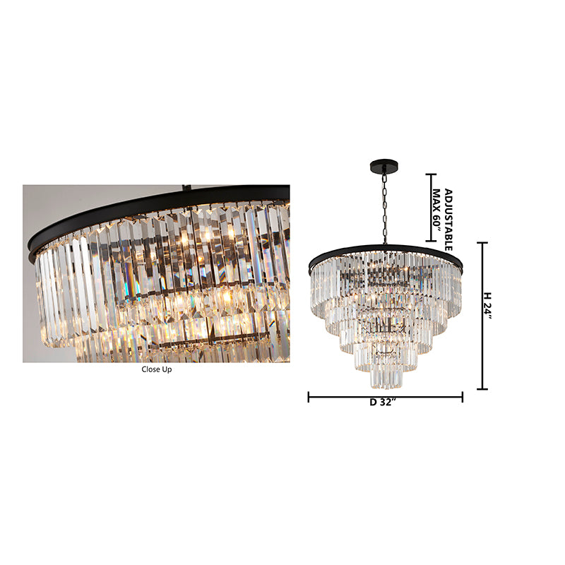 Five Tier Black Chandelier With Clear Hanging Crystals