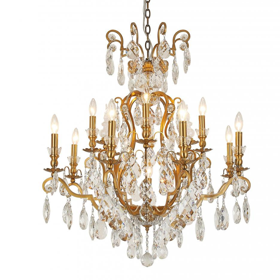 Antique Brass Chandelier with Clear Hanging Crystals