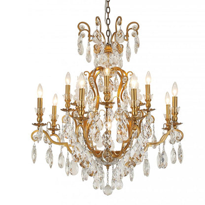 Antique Brass Chandelier with Clear Hanging Crystals