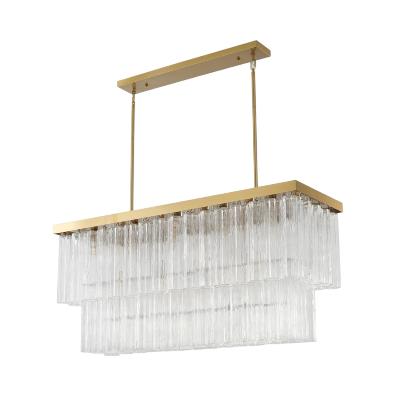 Satin Brass Rectangular Chandelier with Clear Ribbed Glass
