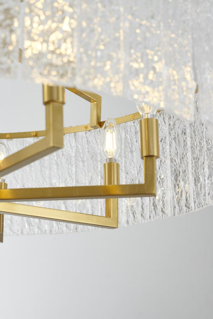 Round Brass Frame Chandelier with Clear Hanging Rippled Glass