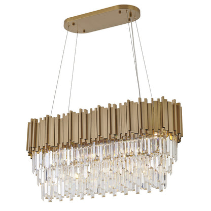 Gold Hairline Oval Chandelier With Three Tiers Of Hanging Clear Crystals