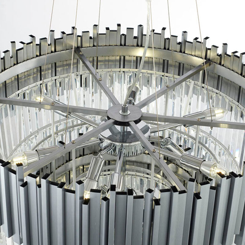 Two Tier Stainless Steel Hairlines Chandelier With Clear Hanging Crystals