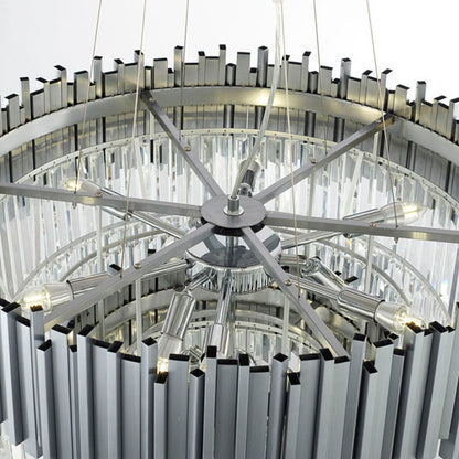 Two Tier Stainless Steel Hairlines Chandelier With Clear Hanging Crystals