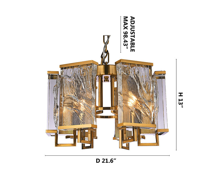 Brass Frame Chandelier WITH Clear Distorted Crystal Plaques