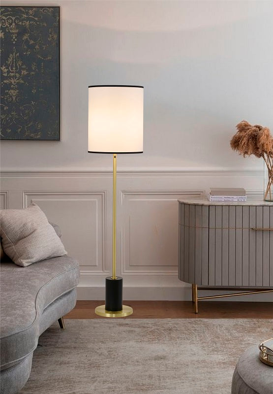 Black & Satin Brass Floor Lamp With A White Linen Shade