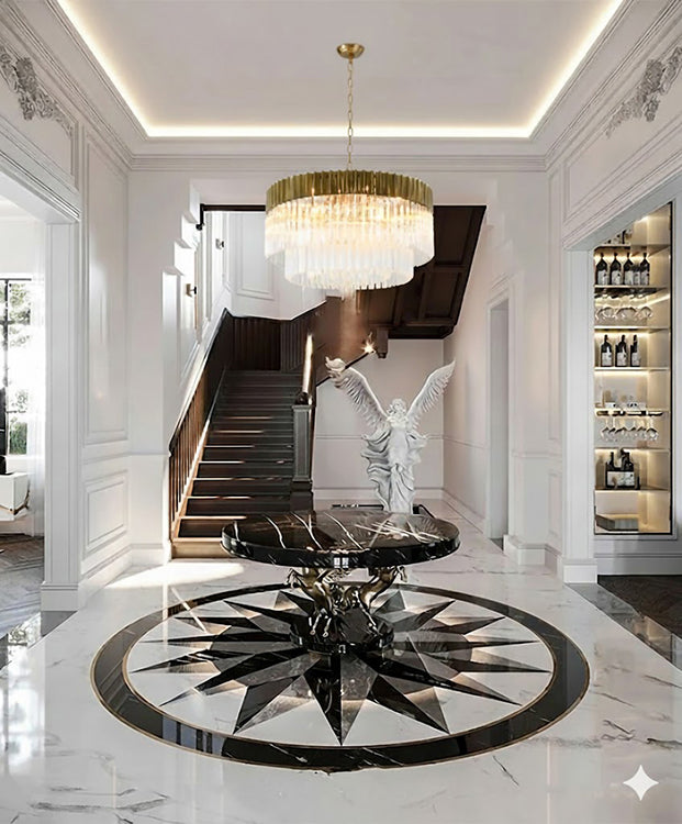 Round Brass Chandelier With Clear Hanging Crystals