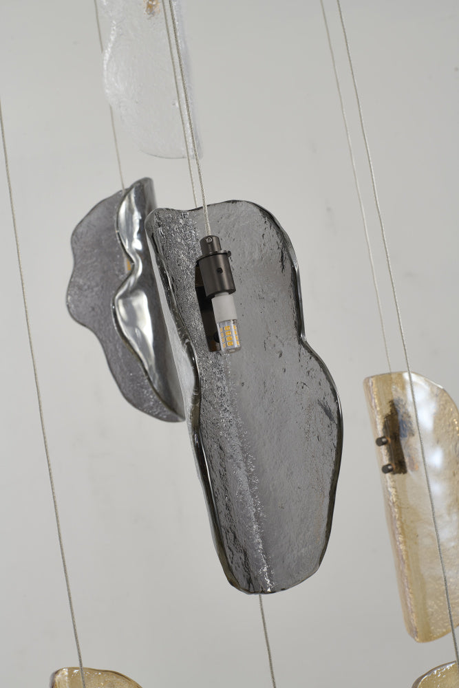 Black Metal Frame Chandelier with Clear, Smoke, and Amber Glass Pendants