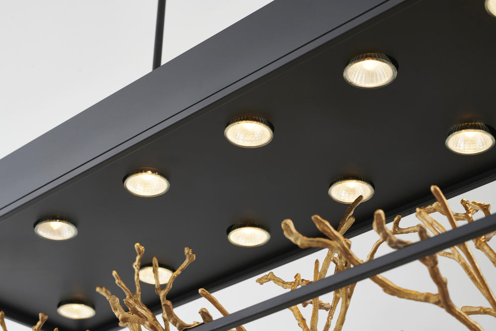 Matte Black Rectangular Frame Chandelier With Gold Branch Accent