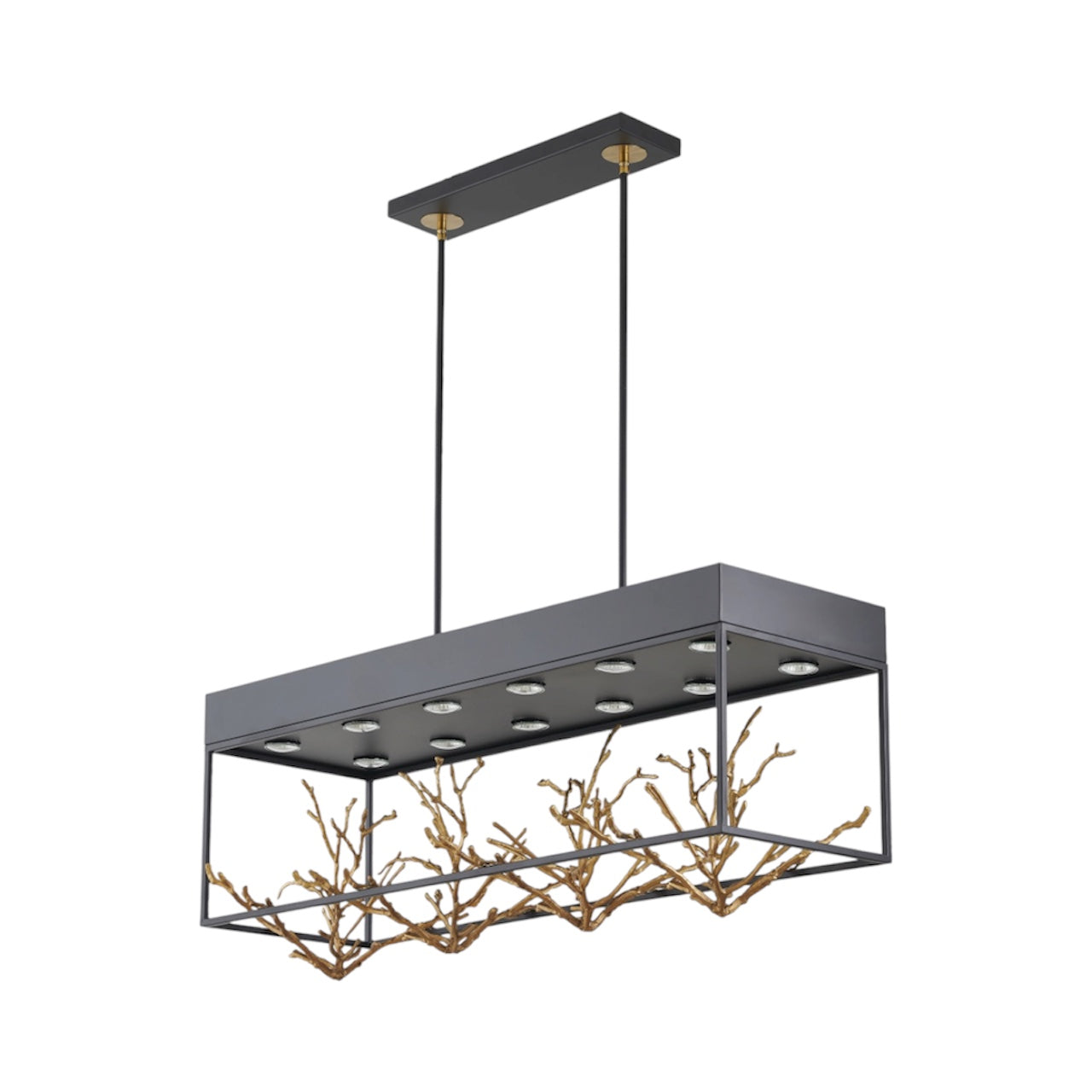 Matte Black Rectangular Frame Chandelier With Gold Branch Accent