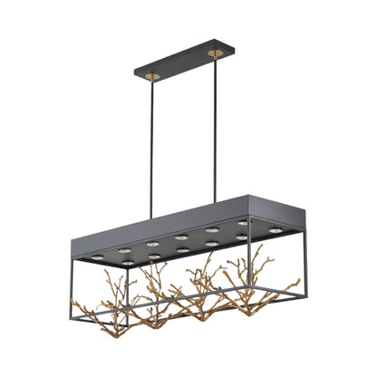 Matte Black Rectangular Frame Chandelier With Gold Branch Accent