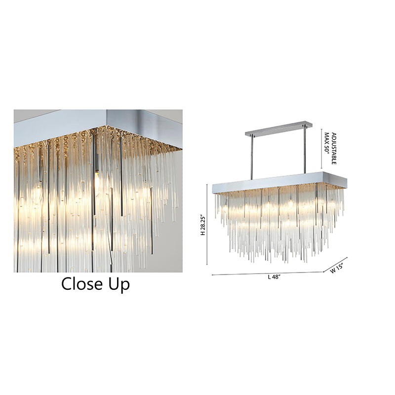 Satin Brass Rectangular Chandelier With Clear Hanging Looped Glass