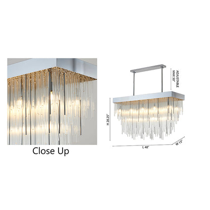 Satin Brass Rectangular Chandelier With Clear Hanging Looped Glass