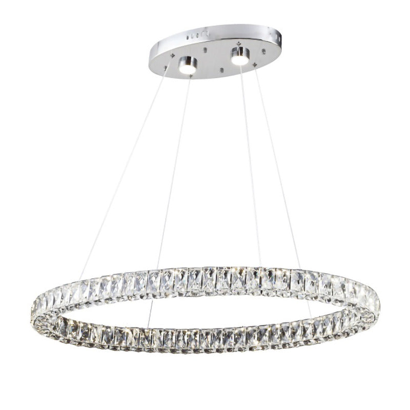 Chrome LED Chandelier – Triple-Sided Clear Crystal Ring Pendant Light