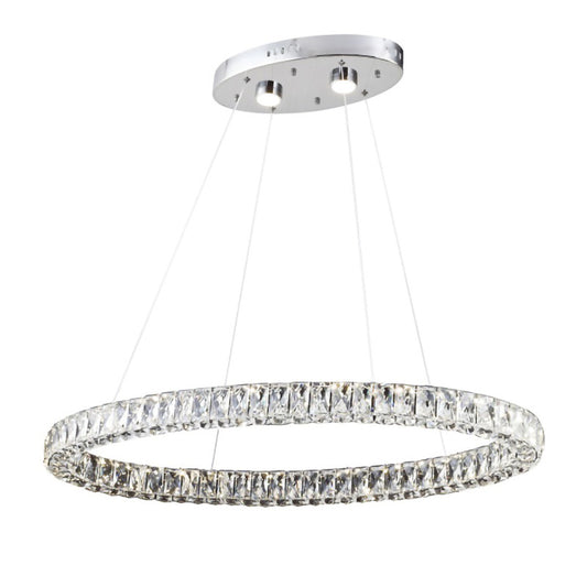 Chrome LED Chandelier – Triple-Sided Clear Crystal Ring Pendant Light