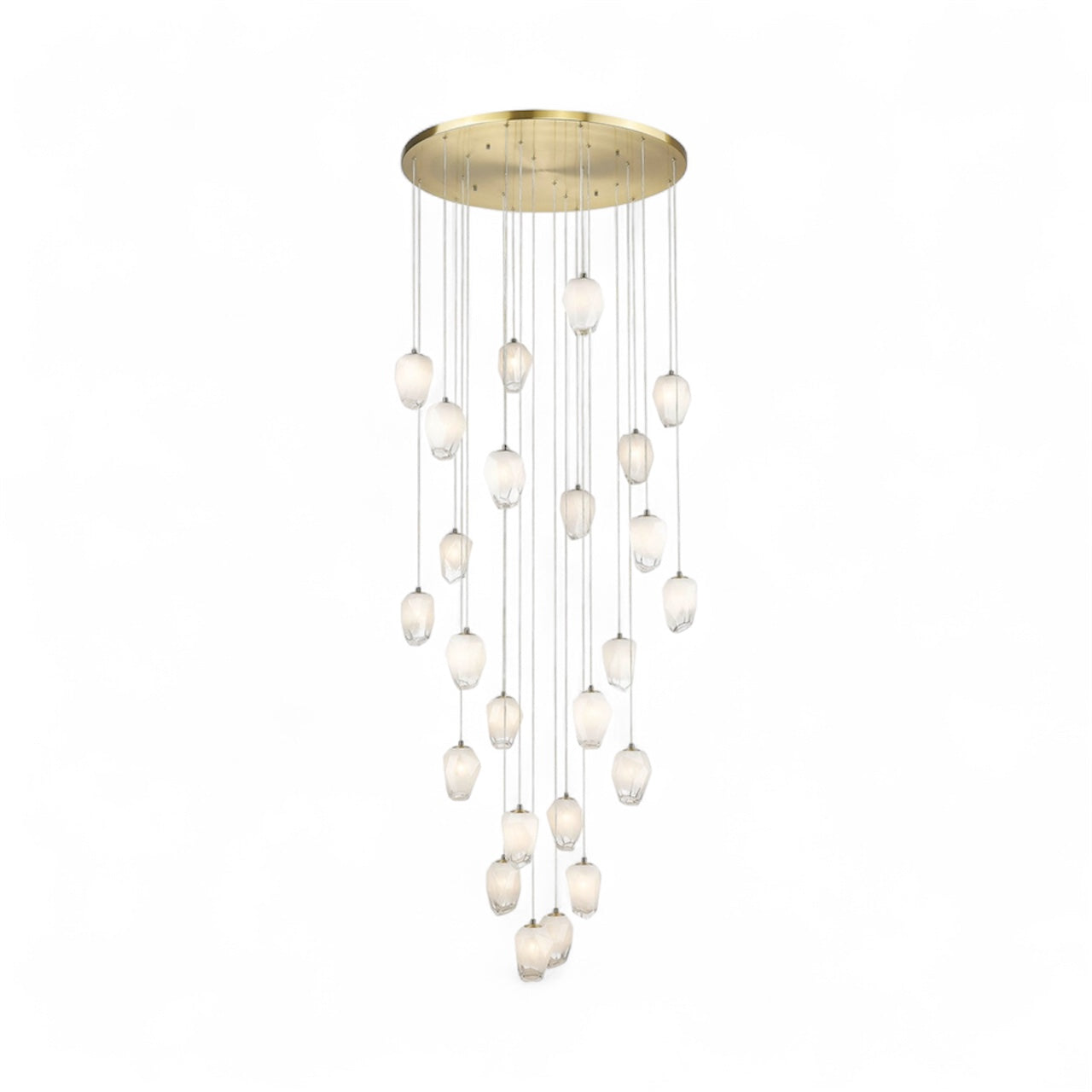 Round Gold Flushed Chandelier with Hanging White Glass Pendants