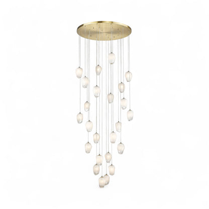 Round Gold Flushed Chandelier with Hanging White Glass Pendants