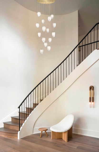 Round Metal Flushed Chandelier with Hanging White Glass Pendants