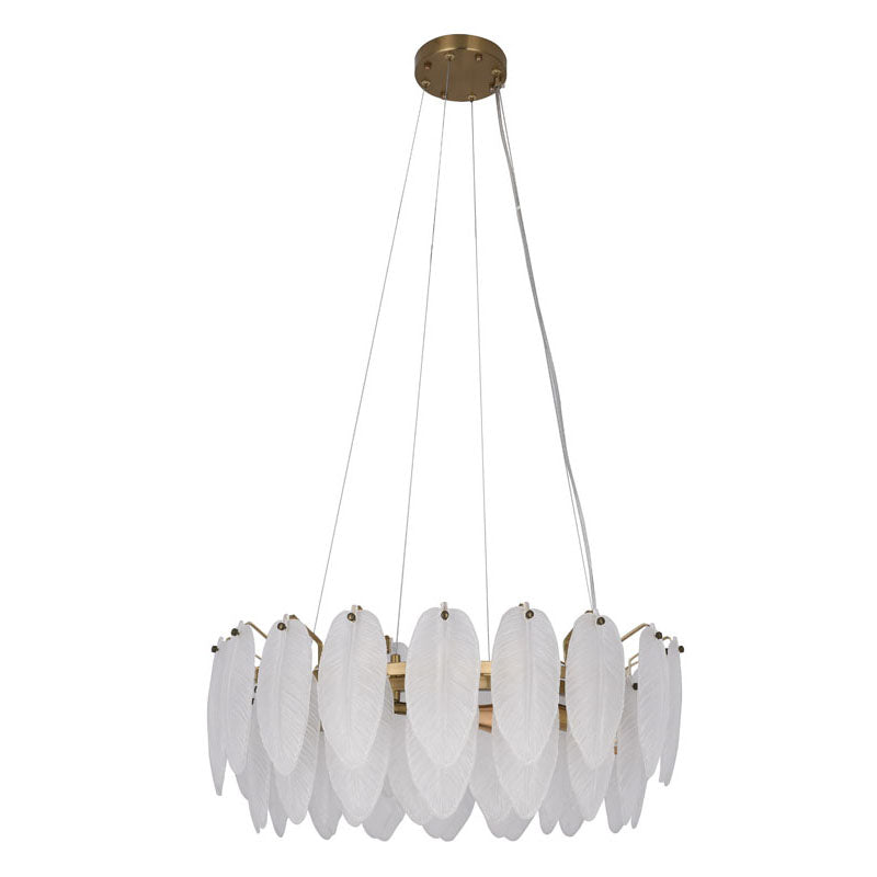 Round Brass Chandelier With Hanging Frosted White Glass Leafs