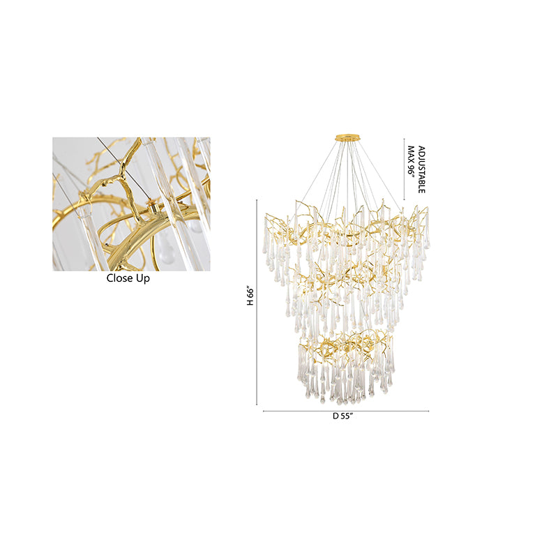 Three Tier Gold Solid Brass Chandelier With Clear Glass Hanging Drops
