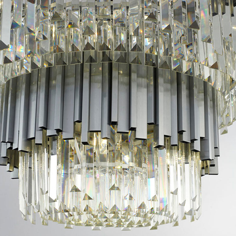 Two Tier Stainless Steel Hairlines Chandelier With Clear Hanging Crystals