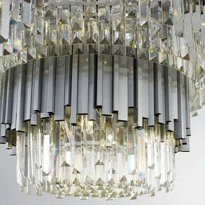 Two Tier Stainless Steel Hairlines Chandelier With Clear Hanging Crystals