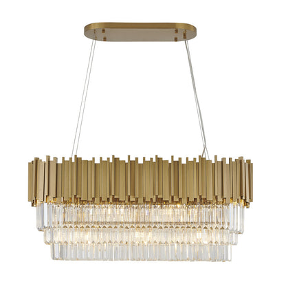 Gold Hairline Oval Chandelier With Three Tiers Of Hanging Clear Crystals