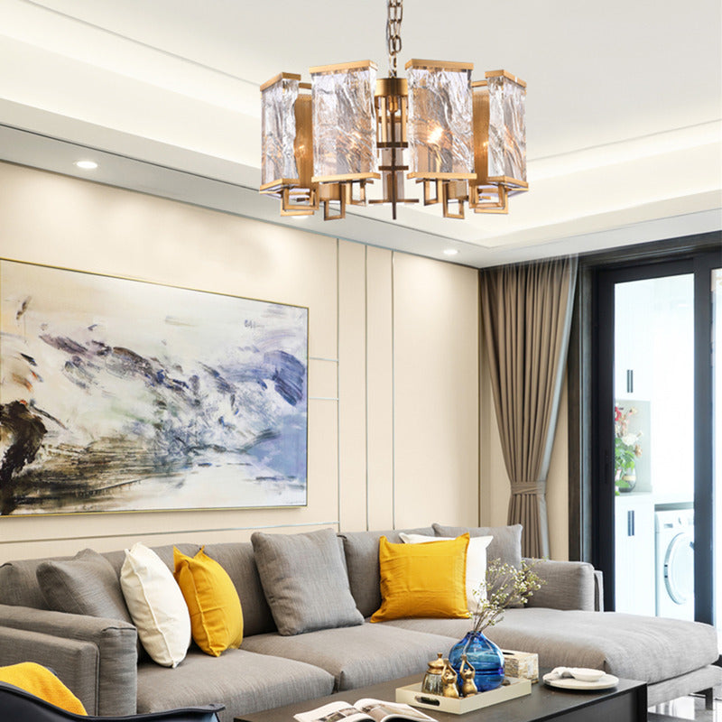 Brass Frame Chandelier WITH Clear Distorted Crystal Plaques