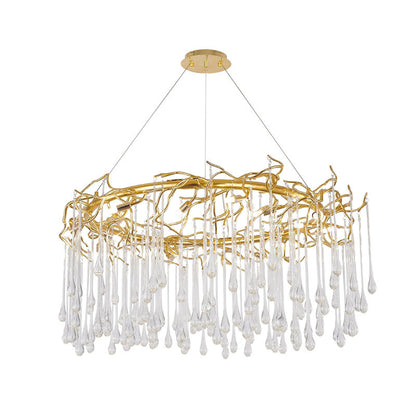 Gold Aluminium Chandelier With Clear Glass Hanging Drops