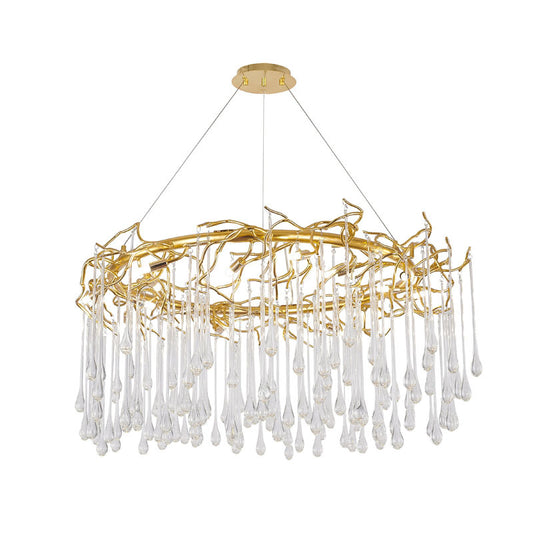 Gold Aluminium Chandelier With Clear Glass Hanging Drops