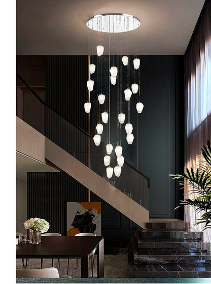 Round Chrome Flushed Chandelier with Hanging White Glass Pendants