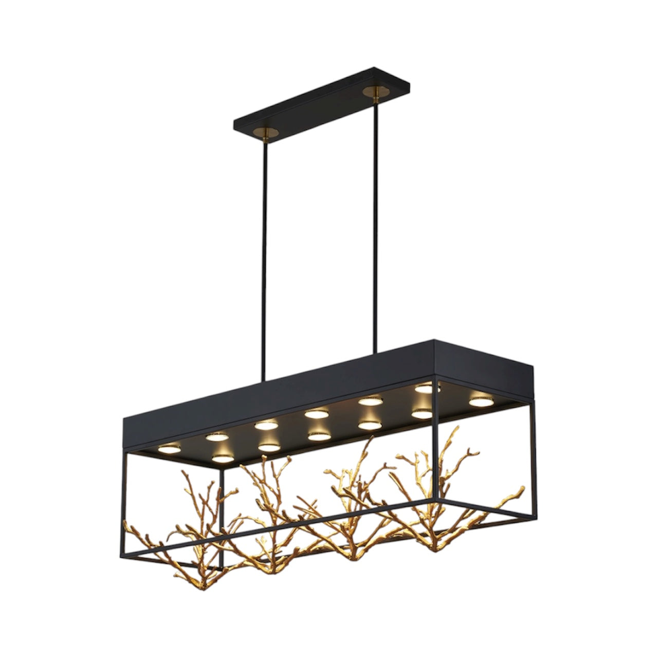 Matte Black Rectangular Frame Chandelier With Gold Branch Accent