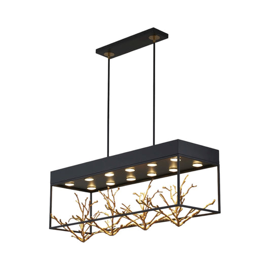 Matte Black Rectangular Frame Chandelier With Gold Branch Accent