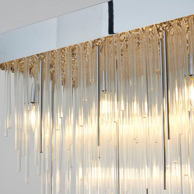 Satin Brass Rectangular Chandelier With Clear Hanging Looped Glass