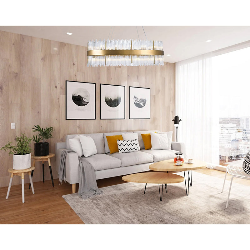 Gold Stainless Steel Oval Frame Chandelier With Clear Glass Rods